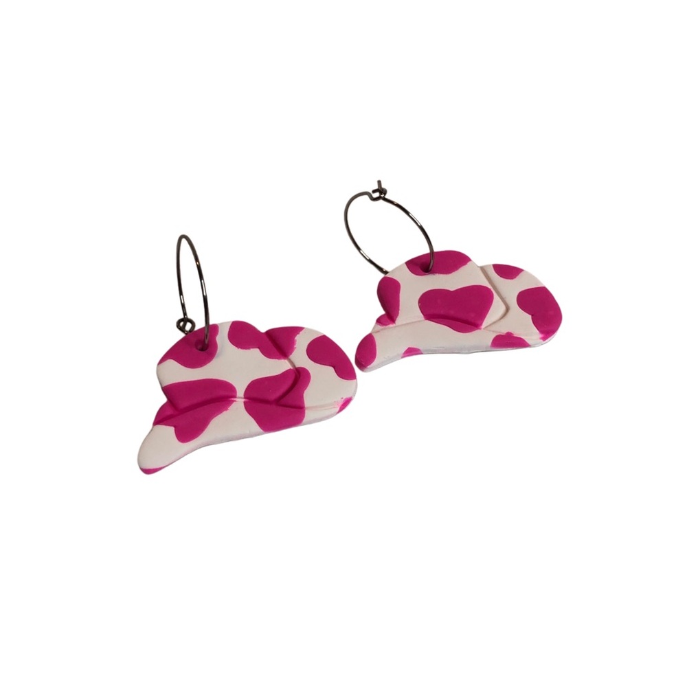 Clay earrings, cowboy cowgirl, cow print, bright pink